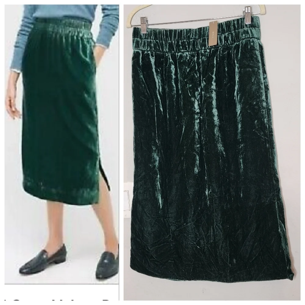 NWT J. Crew‎ Crushed Velvet Green pullon midi skirt pockets size medium